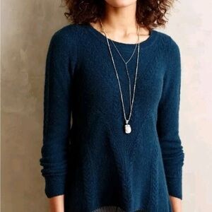 Anthropologie Deep Blue Crew Neck knotted back sheer Sweater